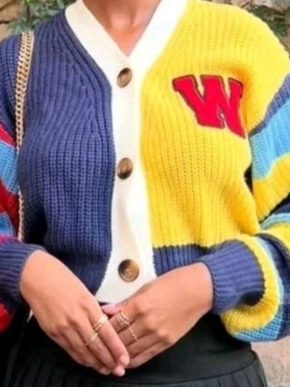 Colorblock Knit Cardigan Sweater with W Patch - Yellow & Navy